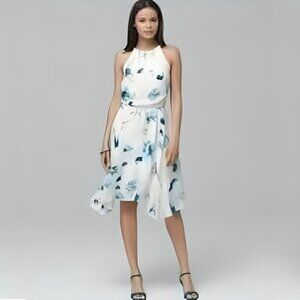 White House Black Market Sleeveless Floral Print Blouson Dress Ecru Oasis #BAG11